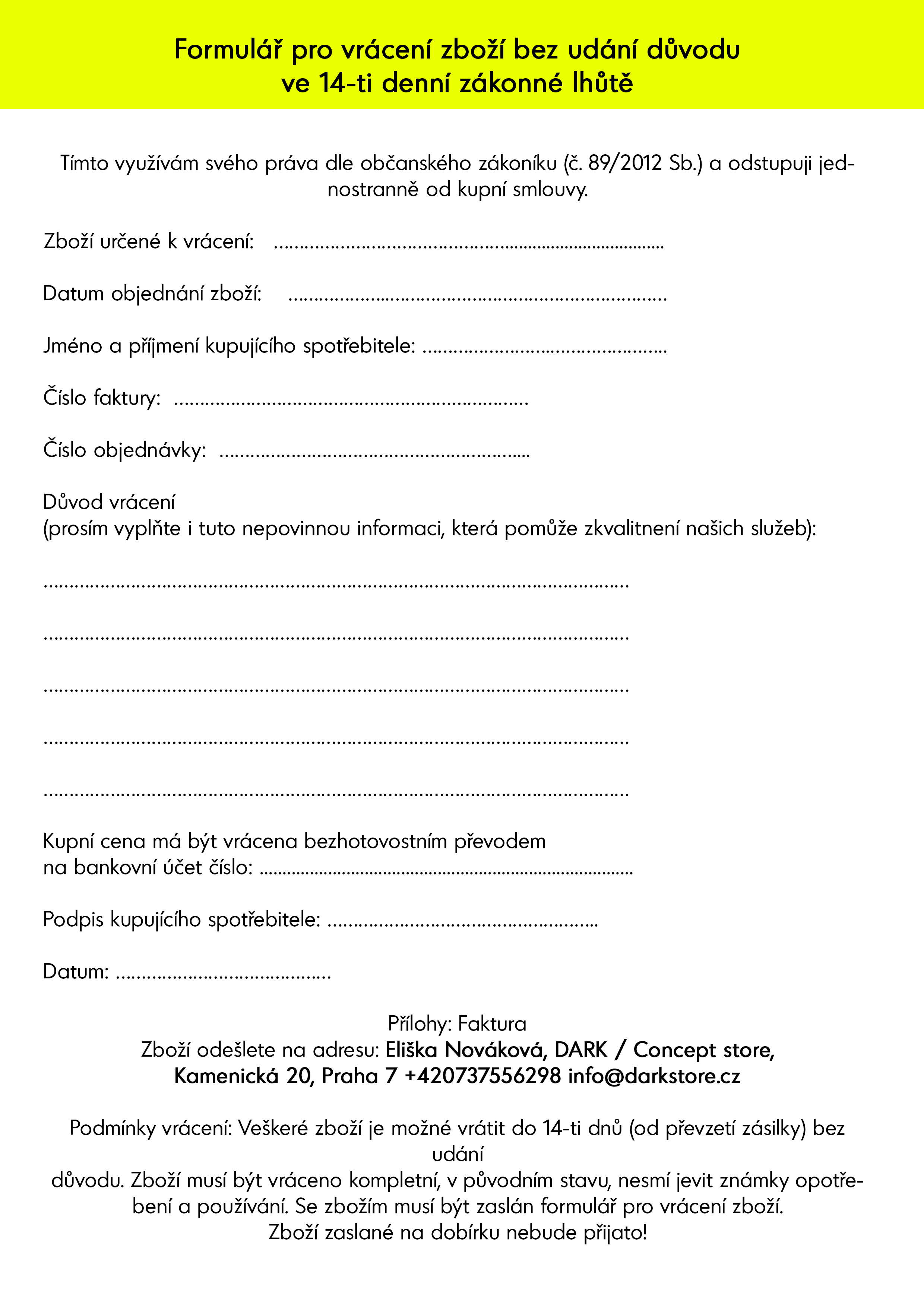 formulář pro vrácení zboží